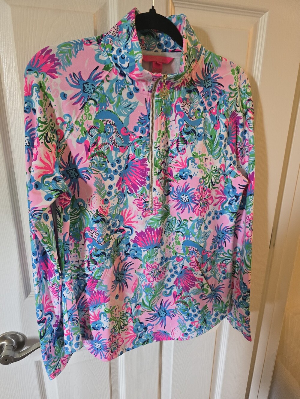Lilly Pulitzer UPF 50+ Skipper Popover Quarter-Zip Pullover Pink & Blue (MED)